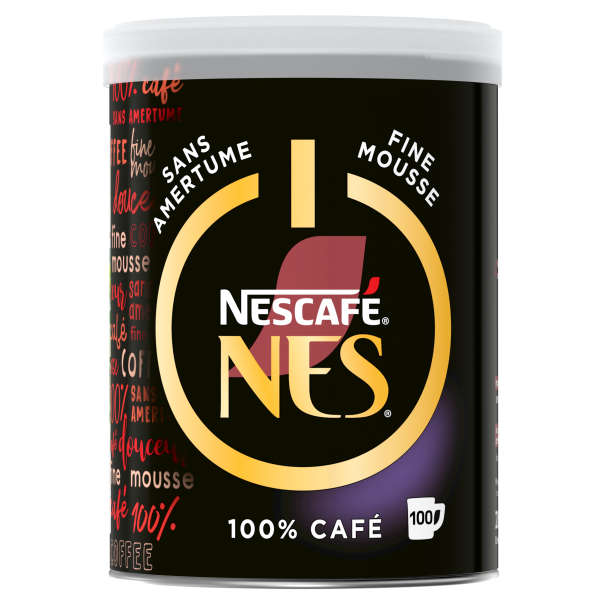 Black Nescafé NES can with white lid, gold and red logo, labeled 100% café, sans amertume, fine mousse, and 100 coffee cups