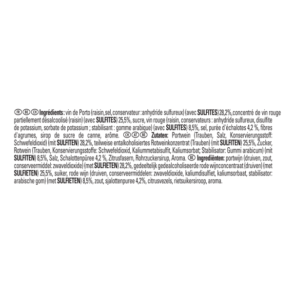 Ingredients list in French, German, and Dutch detailing wine, sulfites, sugar, shallots, citrus fibers, and stabilizers used 
