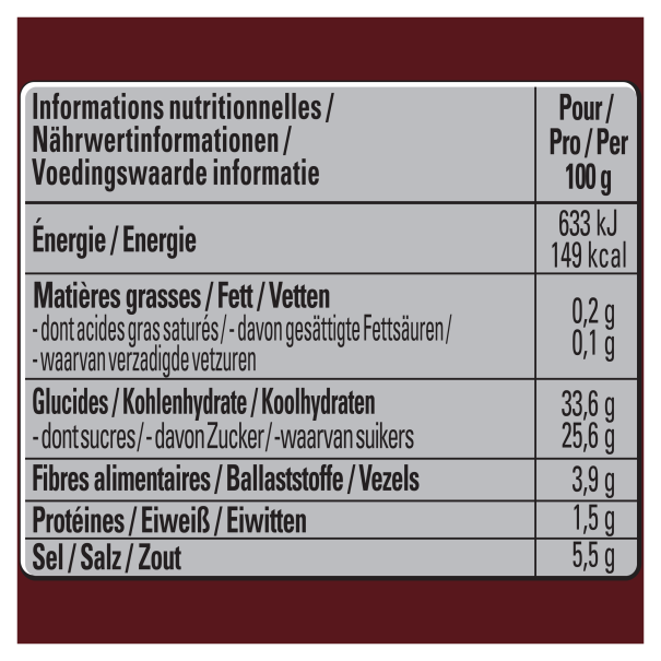 Nutrition facts per 100g: 149 kcal, 0.2g fat (0.1g saturated), 33.6g carbs (25.6g sugars), 3.9g fiber, 1.5g protein,5.5g salt