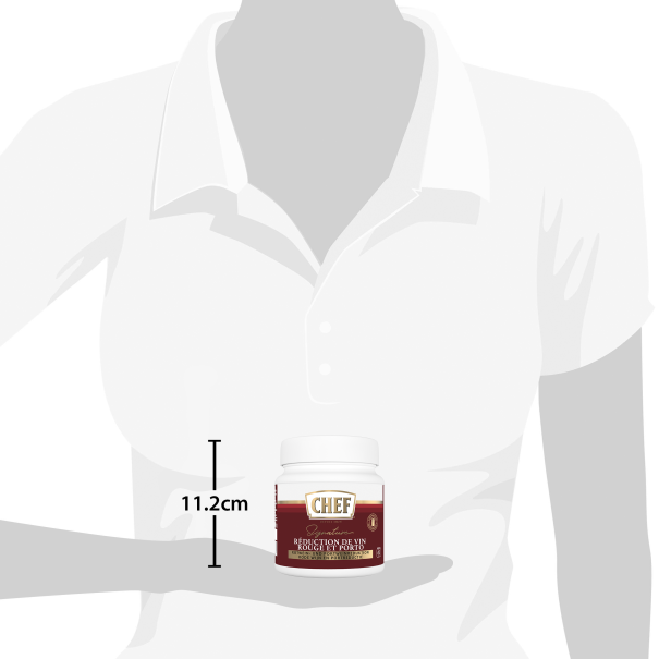 Container of Chef signature red wine and port reduction sauce held by a person, measuring 11.2 cm in height.