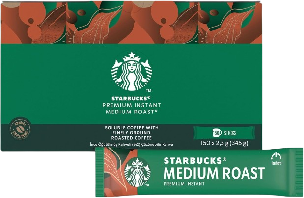 Starbucks Premium Instant Medium Roast coffee box with 150 single-serve sticks