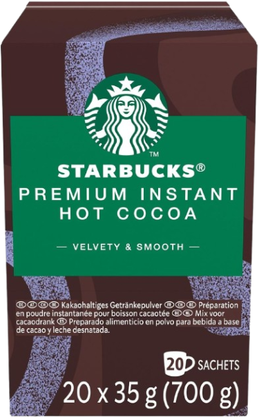 Starbucks Premium Instant Hot Cocoa box with 20 single-serve cocoa sachets