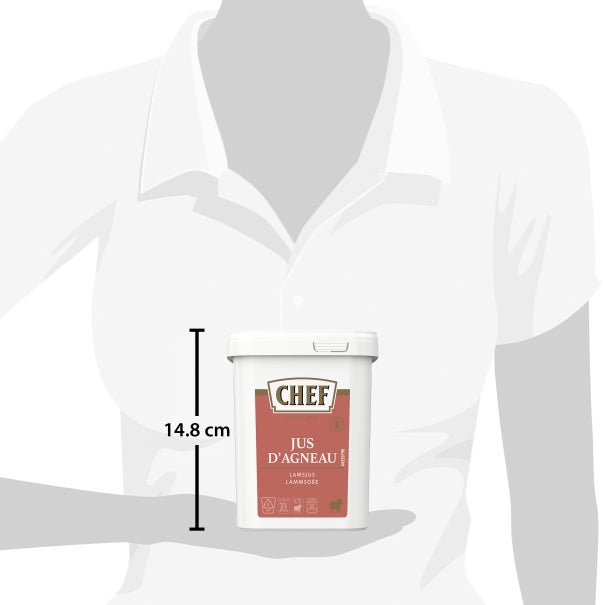 Pot CHEF de jus d’agneau, étiquette rose, tenu par une silhouette; hauteur 14,8 cm.