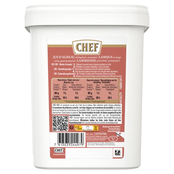 Pot blanc CHEF, étiquette nutritionnelle rouge au dos.