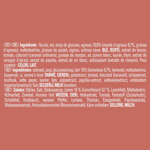 Liste d’ingrédients multilingue; allergènes en majuscules, texte blanc sur fond rouge.