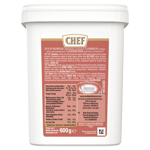 Pot blanc CHEF, 600 g; étiquette rouge au dos avec infos nutritionnelles.
