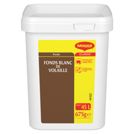 A large white tub of Maggi Classic chicken stock, labeled "Fonds blanc de volaille," containing 675g, enough for 45 liters of