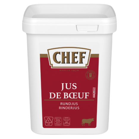 Container of beef jus labeled "Jus de Bœuf" by Chef, holding 20 liters, with a red and white design