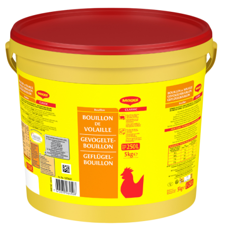 Yellow plastic bucket of Maggi chicken bouillon, 5 kg, featuring multilingual labels and a red lid, ideal for cooking needs.