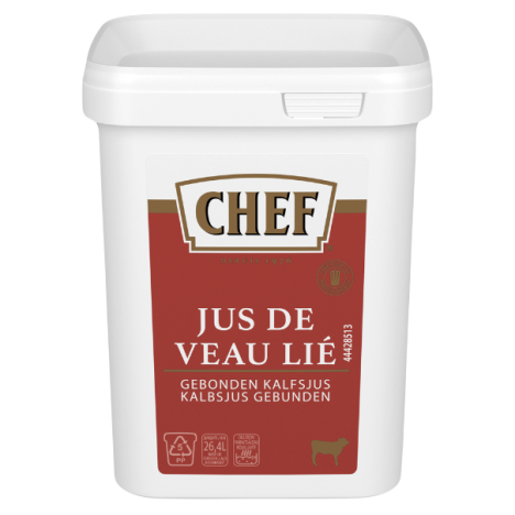 White container labeled "Jus de Veau Lié" from CHEF, featuring calf stock details in Dutch and French, with a cow icon