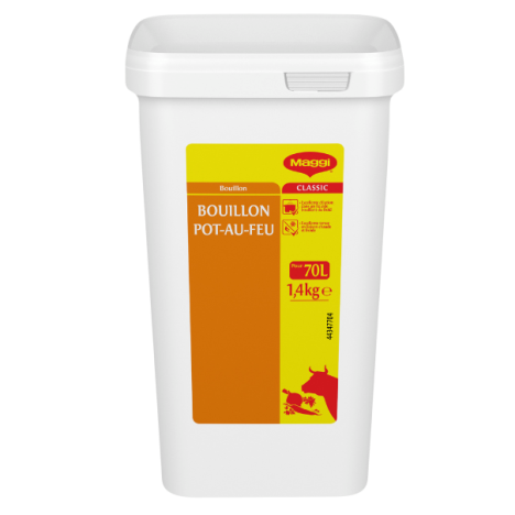 White container of Maggi Classic Bouillon Pot-au-feu, 1.4kg, suitable for 70L of broth, featuring a vibrant yellow and orange