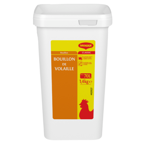 White container of Maggi chicken bouillon, labeled "Bouillon de Volaille," 1.4kg, makes 70 liters of broth