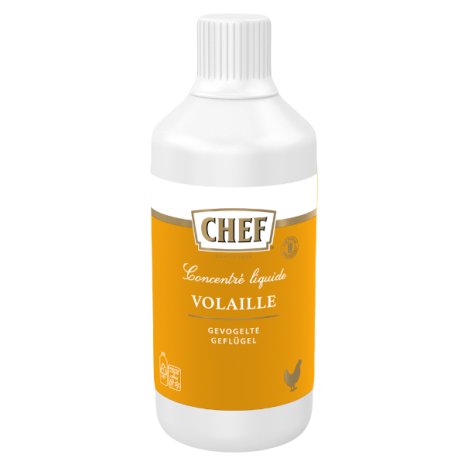 A liquid concentrate bottle labeled "Chef Volailles" in bright orange, designed for enhancing poultry dishes