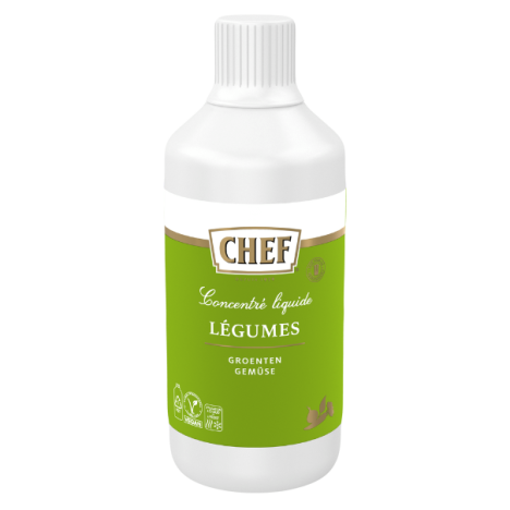 A green and white bottle labeled "CHEF Concentré liquide Légumes," featuring vegetable broth concentrate for cooking