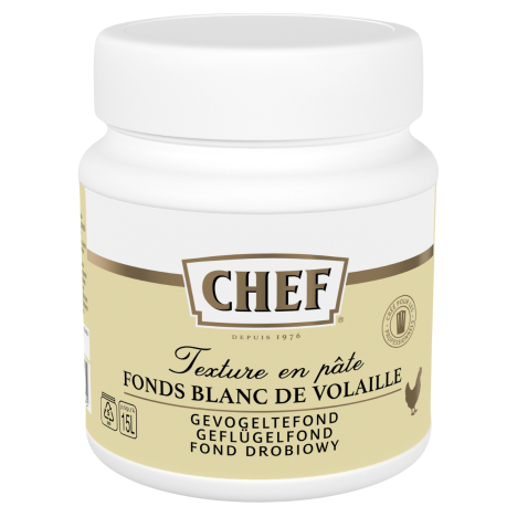 A white jar of CHEF brand poultry stock paste, featuring multilingual labels and a chicken icon
