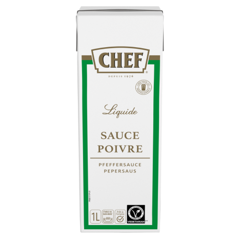 A carton of Chef brand liquid pepper sauce, labeled in French and featuring vegetarian certification, with a 1-liter capacity