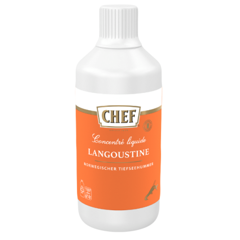 A 22 cm bottle of Chef Langoustine liquid seasoning stands against a neutral background, showcasing its vibrant orange label