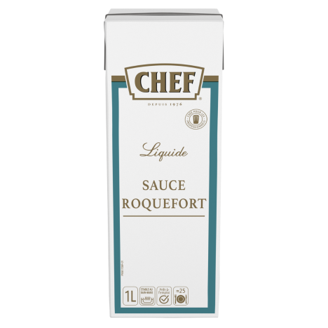 A 1-liter carton of Chef Roquefort sauce, labeled "Liquide" with a white and teal design, highlighting gourmet culinary use
