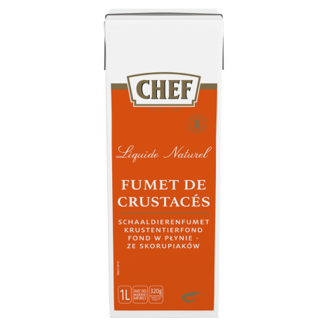 A carton of Chef brand liquid natural crustacean stock, labeled "FUMET DE CRUSTACÉS" with a vibrant orange design and cooking