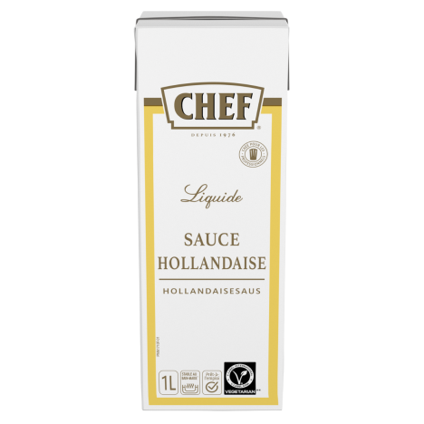 White carton of Chef brand liquid hollandaise sauce, 1 liter, labeled in French and English, featuring a vegetarian symbol