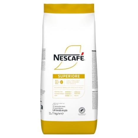 A 1 kg bag of NESCAFÉ Superiore coffee, featuring a white design with yellow accents and detailed product information.
