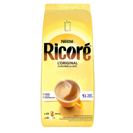 Nestlé Ricoré L’Original package featuring chicory and coffee, with a cup of coffee illustration and nutritional information 