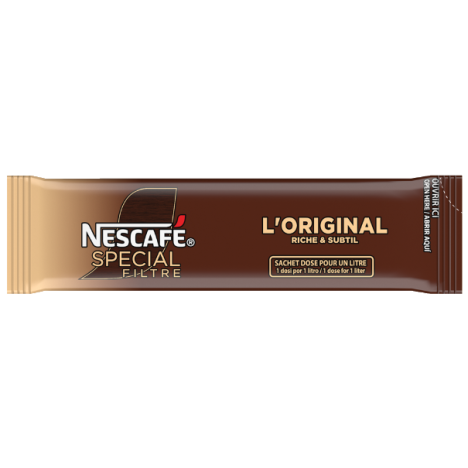 Nescafé Special Filtre coffee sachet, labeled "L'Original Riche & Subtil," designed for brewing one liter of coffee.