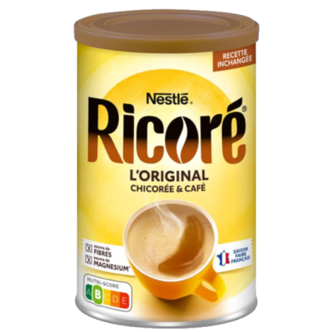 A cylindrical can of Nestlé Ricoré L'Original chicory and coffee, featuring a bright yellow design
