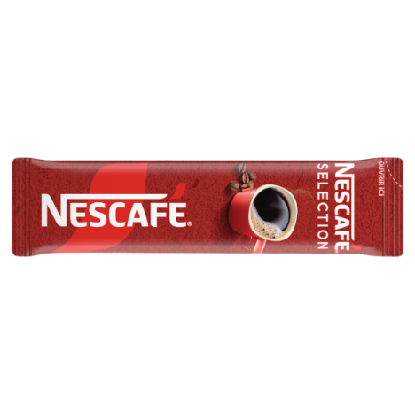 A red sachet of Nescafé Selection coffee featuring a steaming cup and coffee beans, highlighting the brand logo prominently.