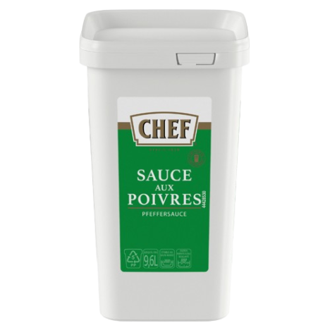 White container of Chef brand pepper sauce, labeled in French and German, with a capacity of 96 liters.