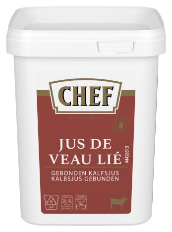 White tub of "Chef Jus de Veau Lié," a veal sauce concentrate, featuring a red label with nutritional information and prepara