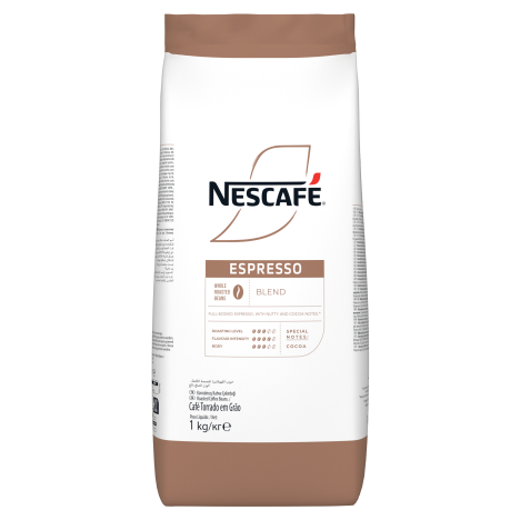 Nescafé Espresso blend package, showcasing whole roasted beans, notes of cocoa, and a flavor intensity rating. 1 kg size.