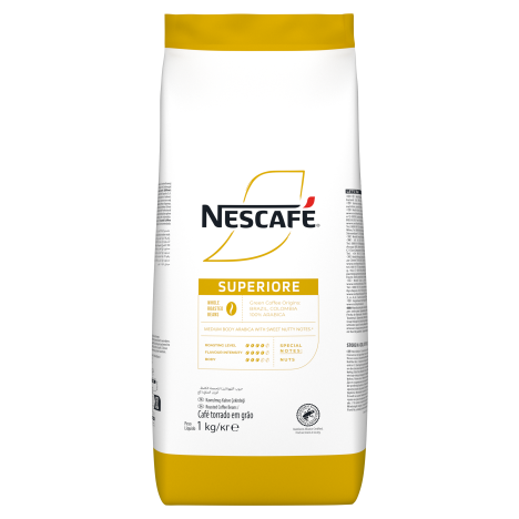 A 1 kg bag of NESCAFÉ Superiore coffee, featuring whole roasted beans, with notes of nuts and a medium body.