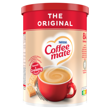 Container of Nestlé Coffee mate original coffee creamer with red cup of coffee and biscuit pieces on label.