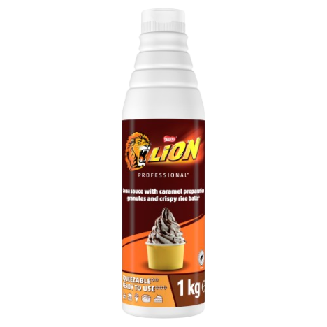 Bottle of Lion Professional chocolate sauce with caramel granules and crispy rice balls, 1 kg, ready to use for desserts.