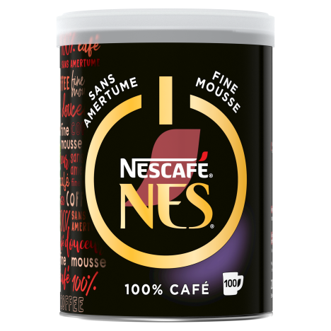 Black Nescafé NES can with white lid, gold and red logo, labeled 100% café, sans amertume, fine mousse, and 100 coffee cups