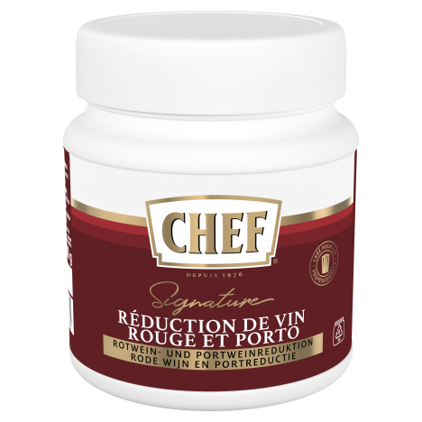 Jar of Chef Signature red wine and port wine reduction sauce with maroon and white label.