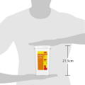 Container of poultry broth with a red and yellow label, held by a silhouette with a scale showing its height of 21.5 cm.