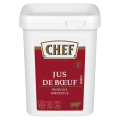 Container of beef jus labeled "Jus de Bœuf" by Chef, holding 20 liters, with a red and white design