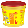 Yellow plastic bucket of Maggi chicken bouillon, 5 kg, featuring multilingual labels and a red lid, ideal for cooking needs.