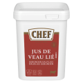 White container labeled "Jus de Veau Lié" from CHEF, featuring calf stock details in Dutch and French, with a cow icon