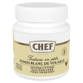 A white jar of CHEF brand poultry stock paste, featuring multilingual labels and a chicken icon