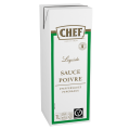 A carton of Chef brand liquid pepper sauce, labeled in French and featuring vegetarian certification, with a 1-liter capacity