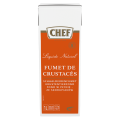A carton of Chef brand liquid natural crustacean stock, labeled "FUMET DE CRUSTACÉS" with a vibrant orange design and cooking