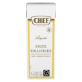 White carton of Chef brand liquid hollandaise sauce, 1 liter, labeled in French and English, featuring a vegetarian symbol