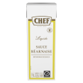 A 1-liter carton of liquid Béarnaise sauce, labeled "CHEF," featuring a white and yellow design and marked as vegetarian