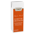 A rectangular carton labeled "CHEF Fumet de Crustacés," natural liquid shrimp stock, with a bright orange design