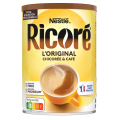 Nestlé Ricoré Original chicory and coffee powder canister, featuring a steaming cup of coffee on a bright yellow background