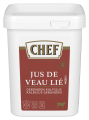 White tub of "Chef Jus de Veau Lié," a veal sauce concentrate, featuring a red label with nutritional information and prepara
