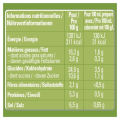 Nutrition facts in French and German showing energy, fats, carbs, fiber, protein, and salt per 100g and per 100ml prepared.